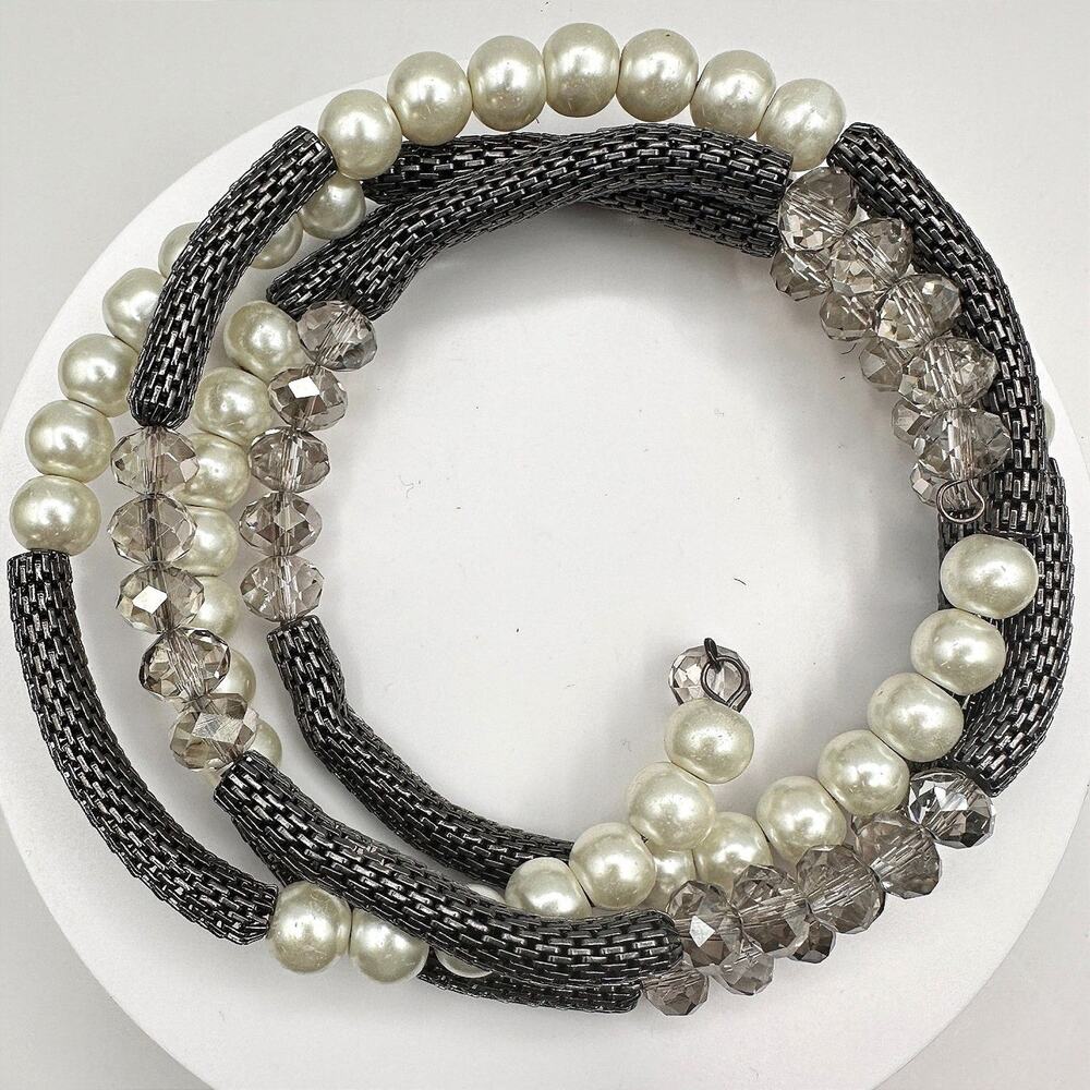Vintage 90s Mixed Media Wrap Bracelet Pearl Glass Gunmetal Mesh Boho Statement